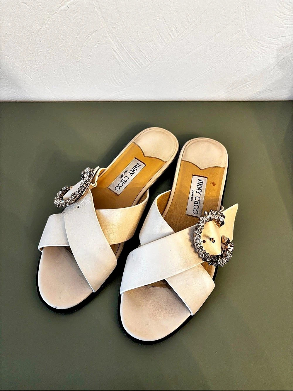 Jimmy Choo Marlee Flat Crystal Buckle Latte Sandals US 8.5